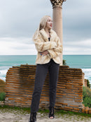 Reversible Versatile Sheared Mink Fur Jacket Coat S in mink fur finish, paired with black pants, styled against ocean backdrop.