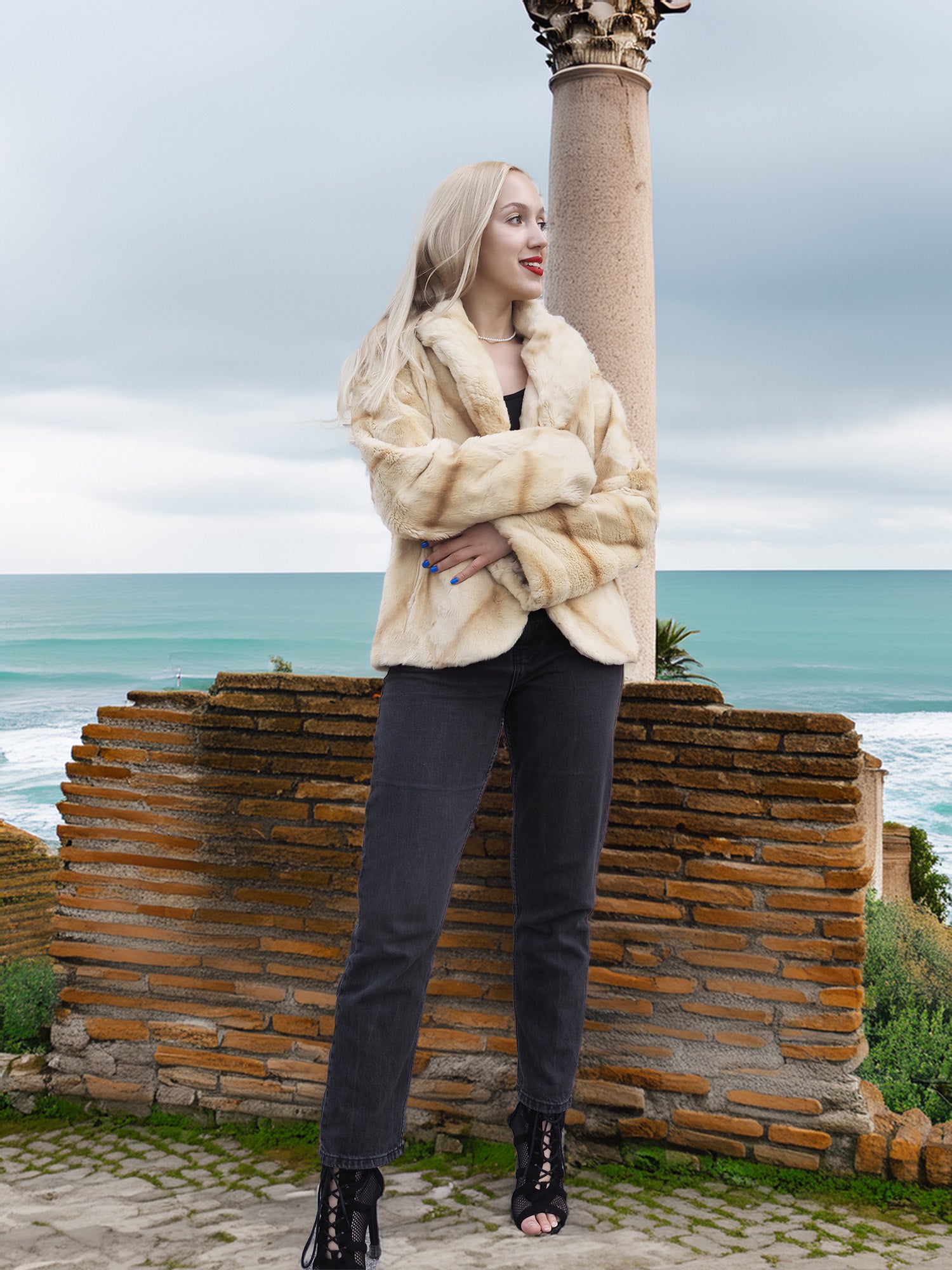 Reversible Versatile Sheared Mink Fur Jacket Coat S in mink fur finish, paired with black pants, styled against ocean backdrop.