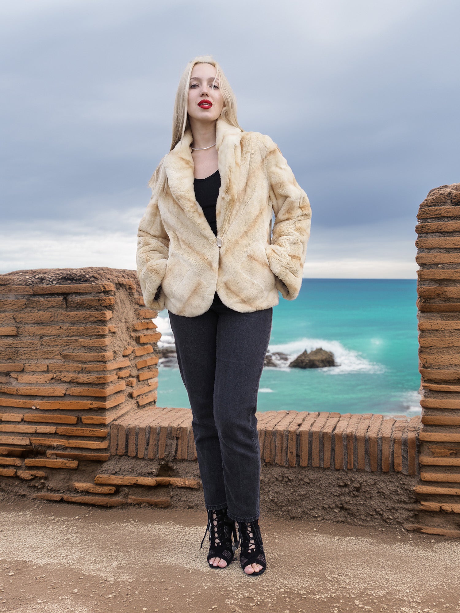 Reversible Versatile Sheared Mink Fur Jacket Coat S in luxurious mink fur, styled with black outfit, posed by turquoise sea.