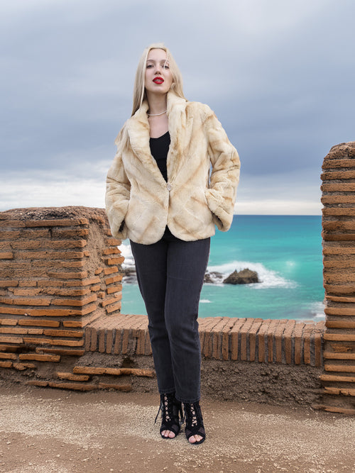 Reversible Versatile Sheared Mink Fur Jacket Coat S in luxurious mink fur, styled with black outfit, posed by turquoise sea.
