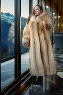 Golden island fox fur coat, straight full-length cut with gray cuff accents