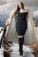Golden fox fur coat with open front and gray fur cuffs; long swing hem
