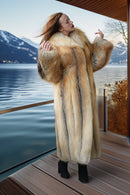 Golden island fox fur coat with large collar and textured gray cuff details