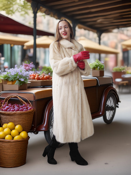 Woman in a fur coat and red gloves standing next to a vintage car with fruit baskets.
