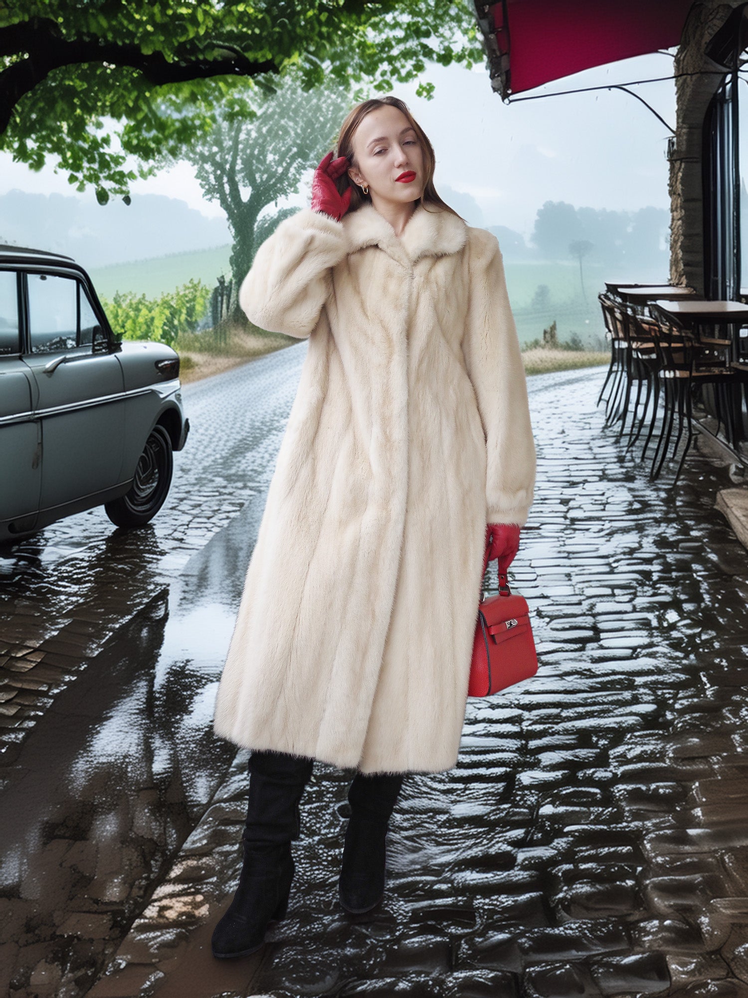 Woman in a fur coat and red gloves standing on a rainy street with a vintage car and cafe in the background.