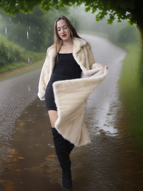 Woman in a long cream coat standing on a rainy path with greenery around.