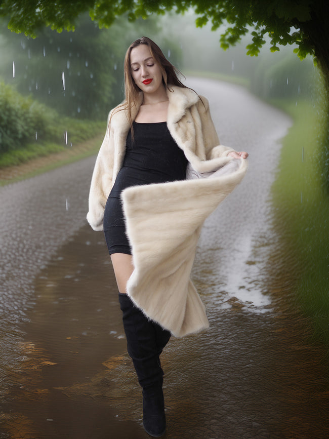 Woman in a long cream coat standing on a rainy path with greenery around.