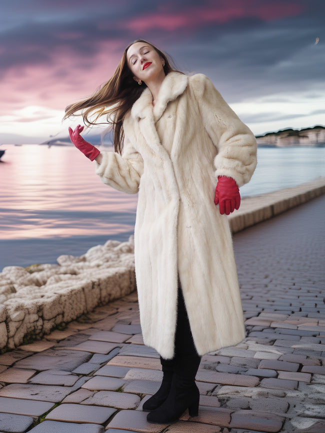 Woman in a fur coat and red gloves standing by a waterfront at sunset.