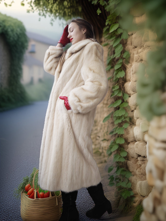 Woman in a long white fur coat holding a basket of vegetables, standing against a stone wall with greenery.