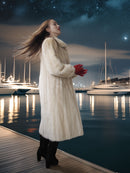 Woman in a fur coat and red gloves standing on a dock with yachts in the background under a starry night sky.