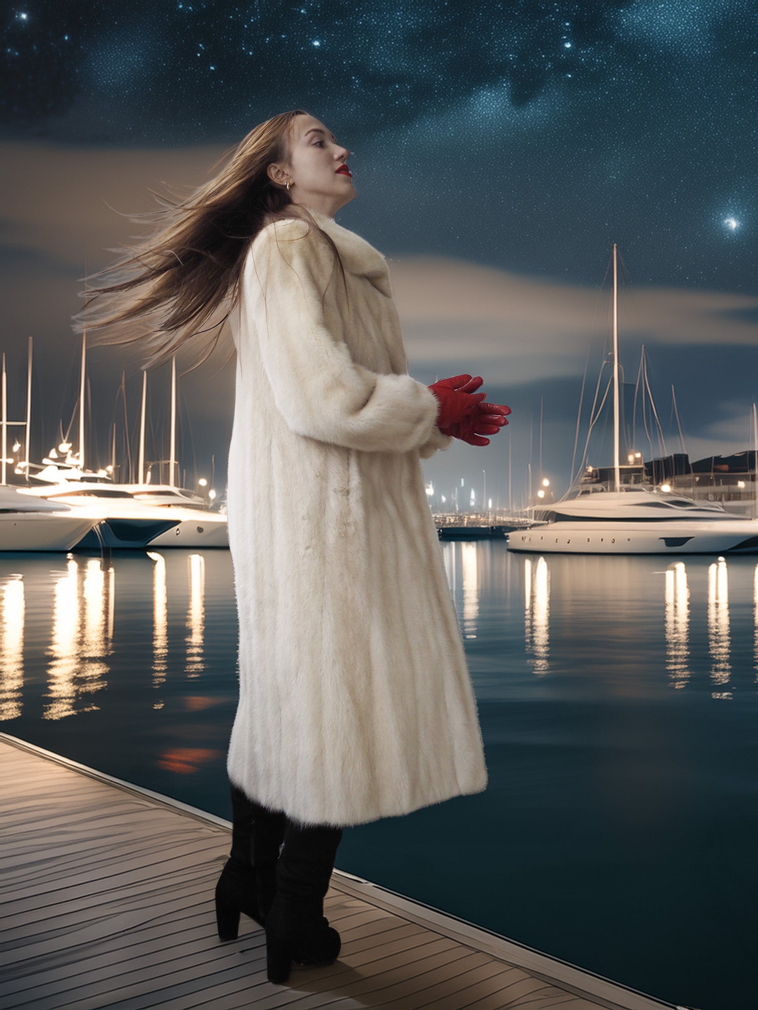 Woman in a fur coat and red gloves standing on a dock with yachts in the background under a starry night sky.