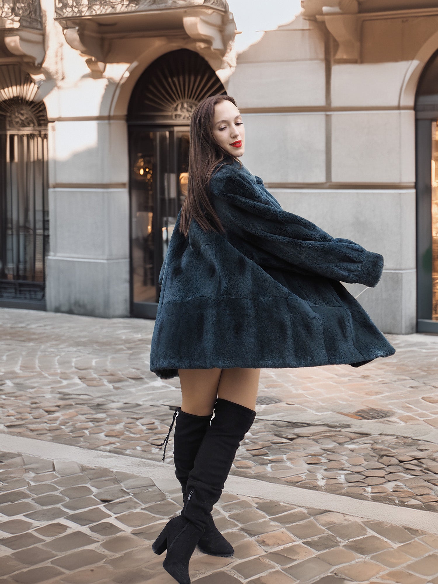 The Still Hour – Sheared Muskrat Fur Coat in Deep Teal M/L