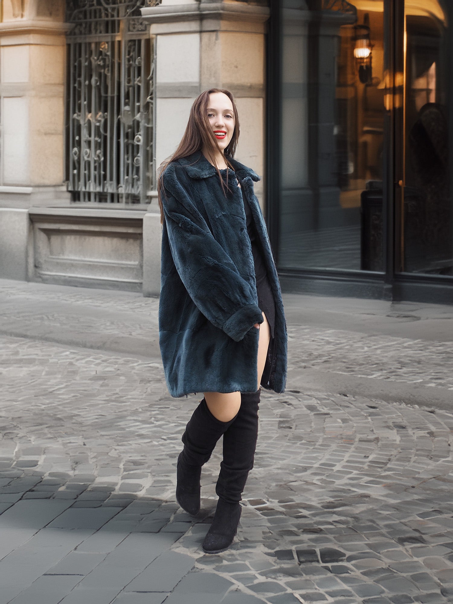 Smiling model showcases The Still Hour deep teal sheared muskrat fur coat, a luxurious and rare vintage outerwear piece for cold seasons.