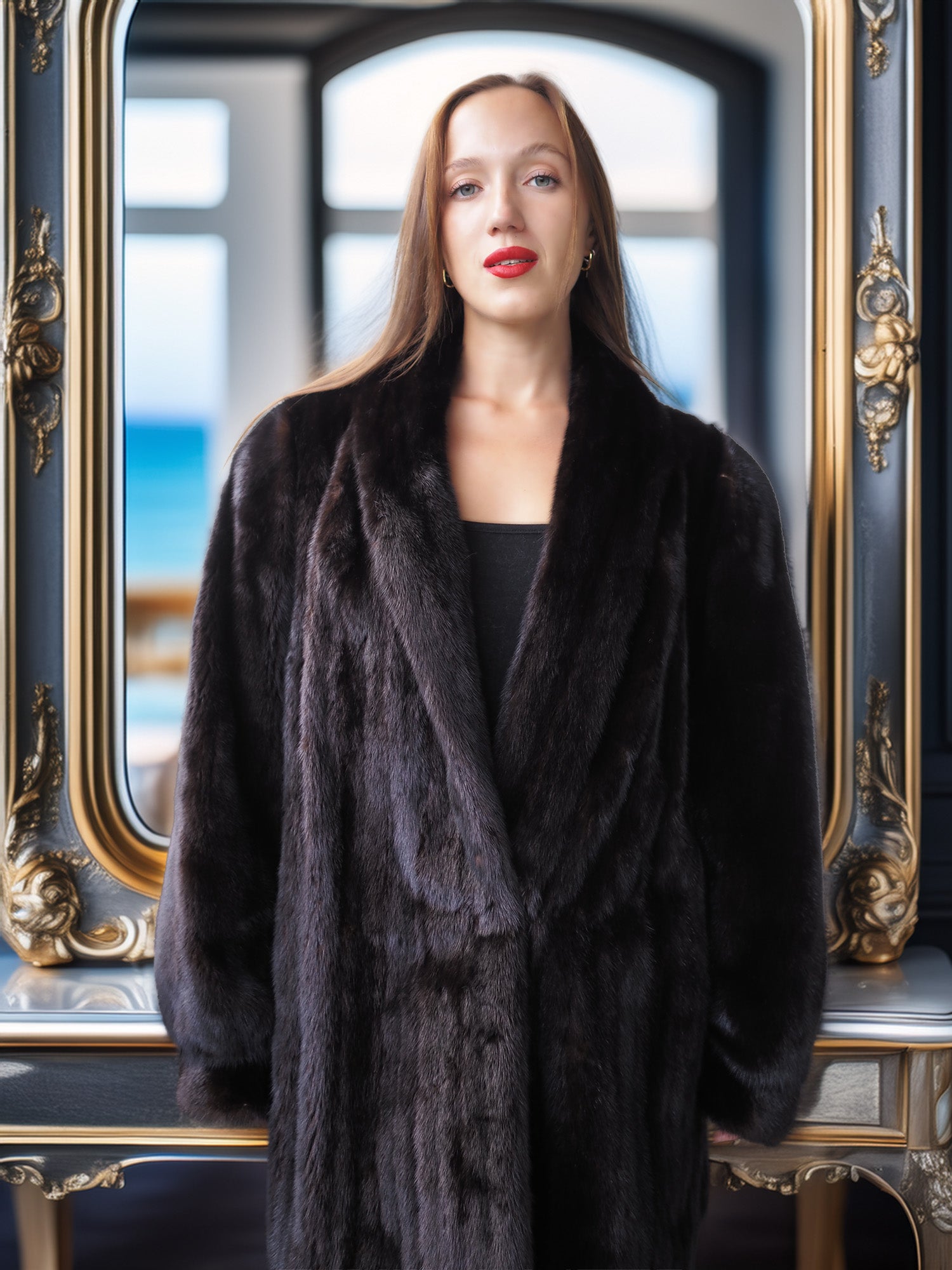 Woman wearing a dark fur coat in front of an ornate mirror with a blurred background