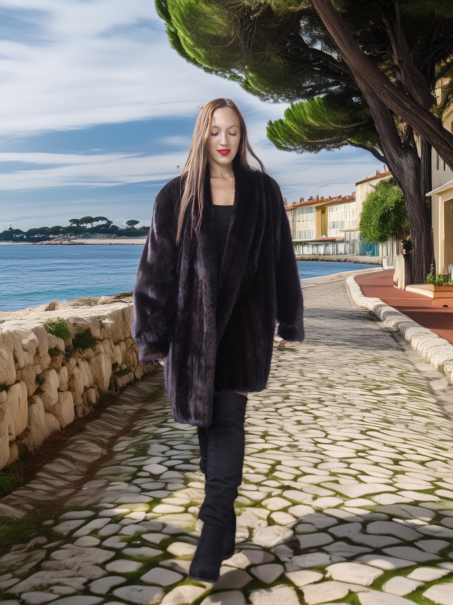 Woman in a dark coat walking on a stone path by the sea