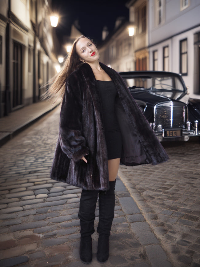 Woman in a fur coat standing on a cobbled street at night.