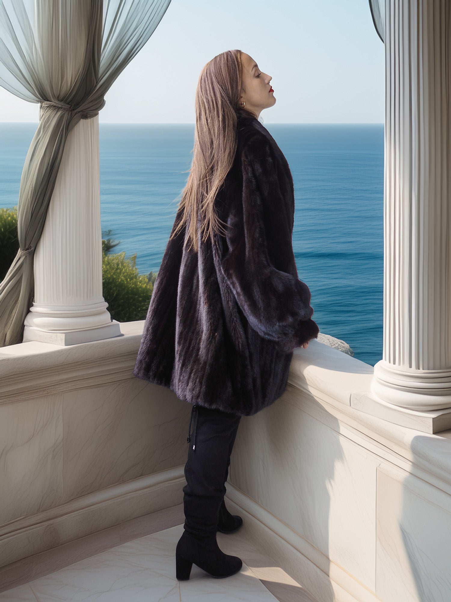 Woman in a fur coat standing on a balcony overlooking the ocean.