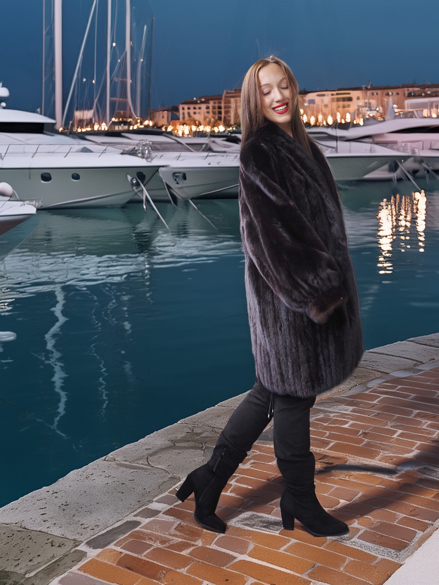 Woman in a fur coat standing by a marina at night
