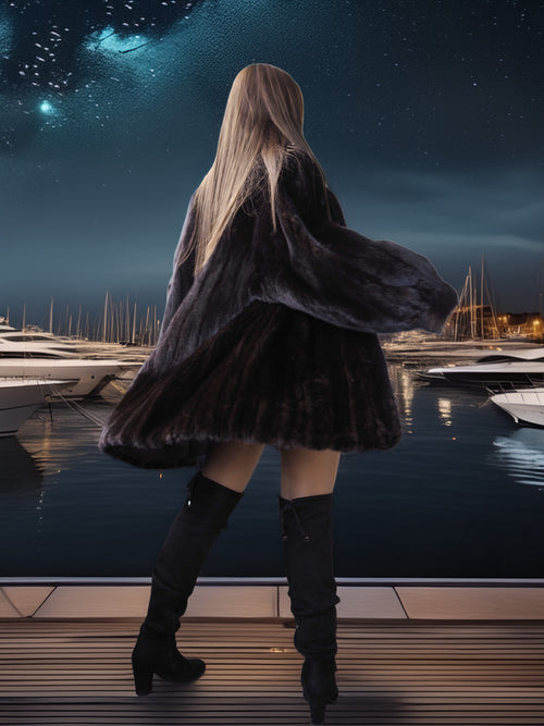Person in a fur coat and knee-high boots standing on a dock at night.