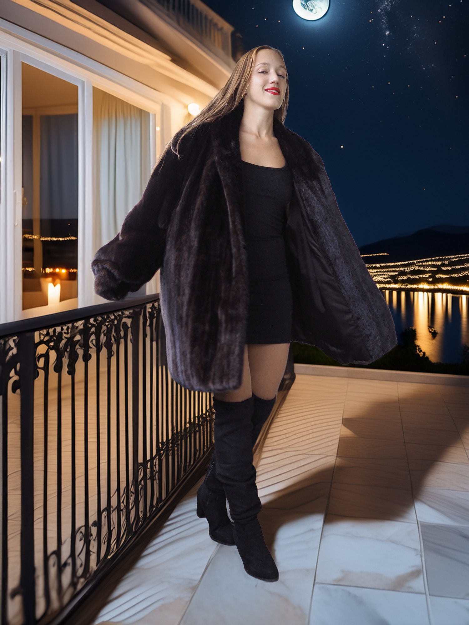 Woman in a black coat standing on a balcony at night with a moonlit view.