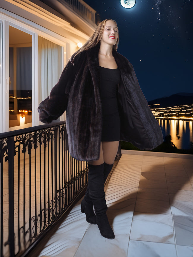 Woman in a black coat standing on a balcony at night with a moonlit view.