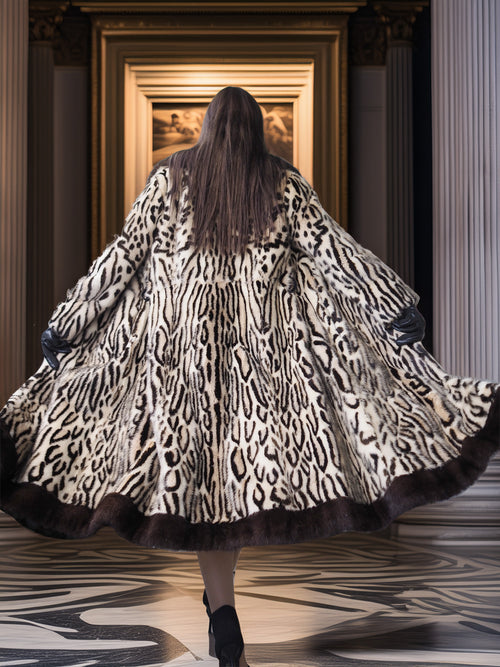 Person wearing a leopard print coat in an elegant interior setting