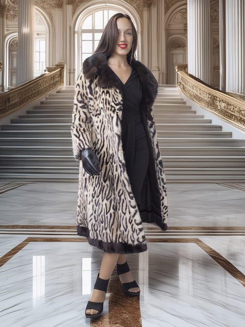 Woman wearing a leopard print coat in an elegant interior setting
