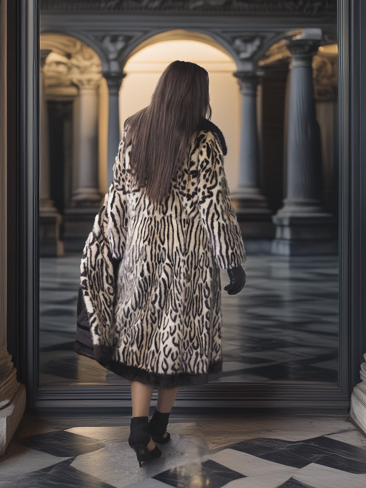 Person wearing a leopard print coat walking through an elegant interior setting