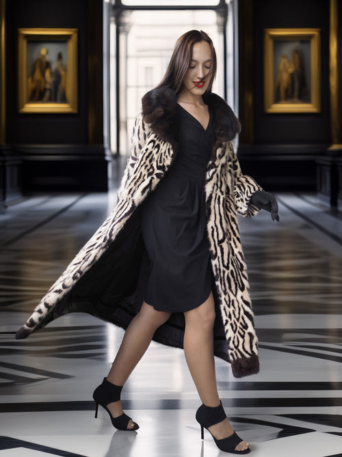 Woman in a leopard print coat standing in an elegant interior setting.