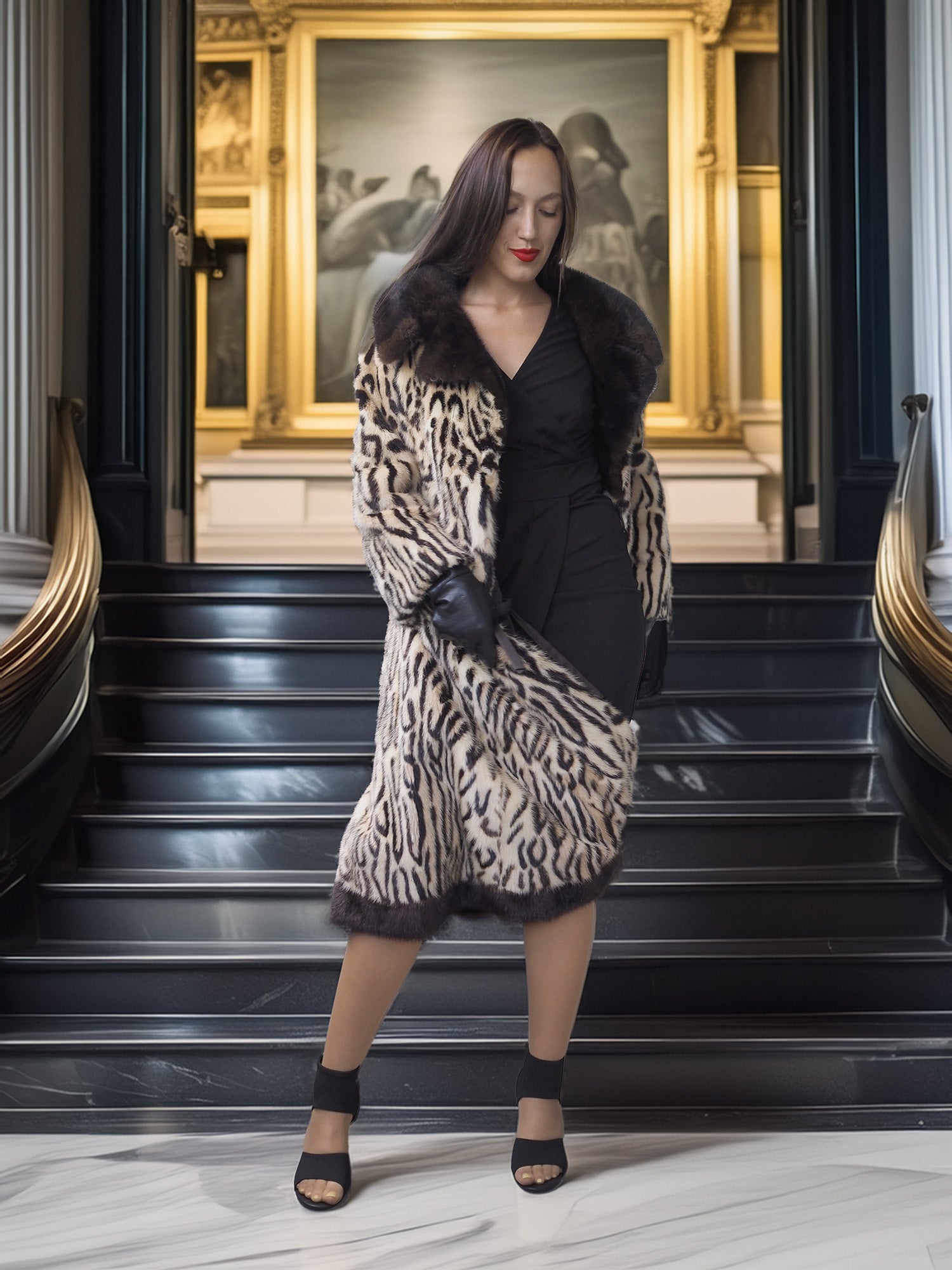 Woman in a leopard print coat standing on a staircase in an elegant interior setting.