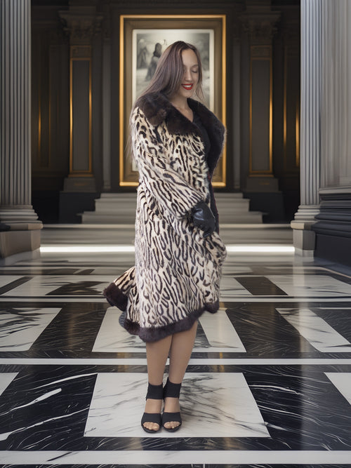 Woman in a leopard print coat with fur trim standing in an elegant interior setting.