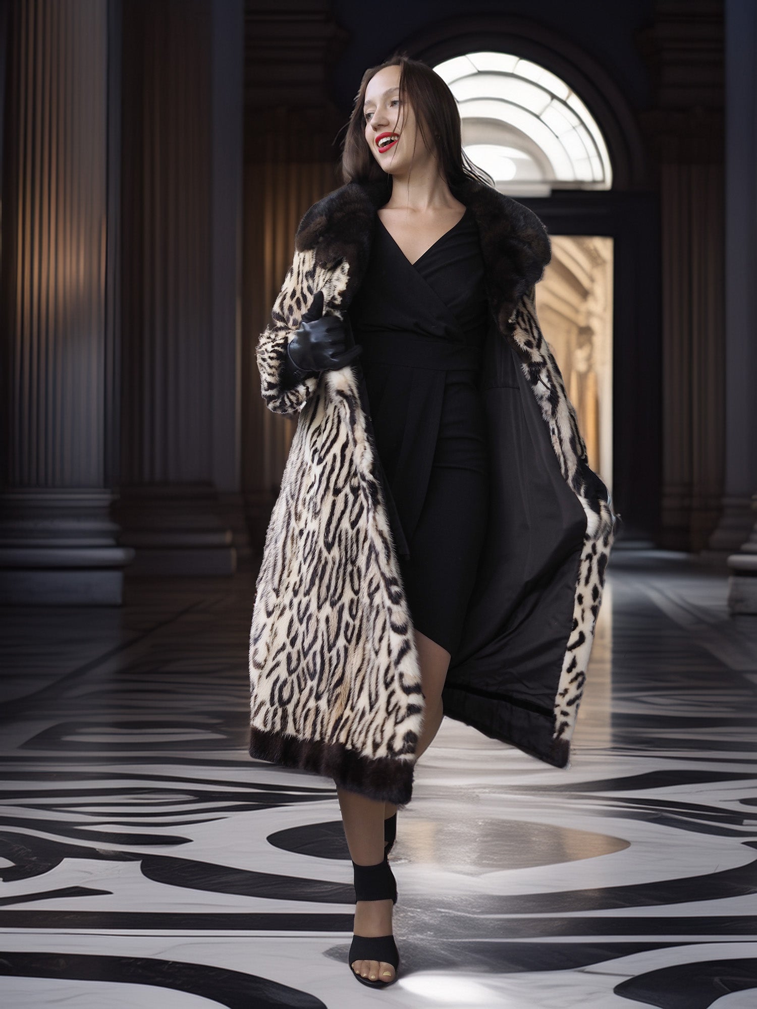 Woman wearing a leopard print coat in an elegant interior setting