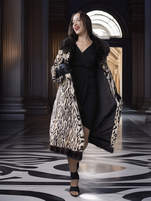 Woman wearing a leopard print coat in an elegant interior setting