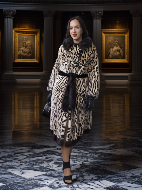 Woman wearing a leopard print coat in an elegant interior setting with classical architecture.