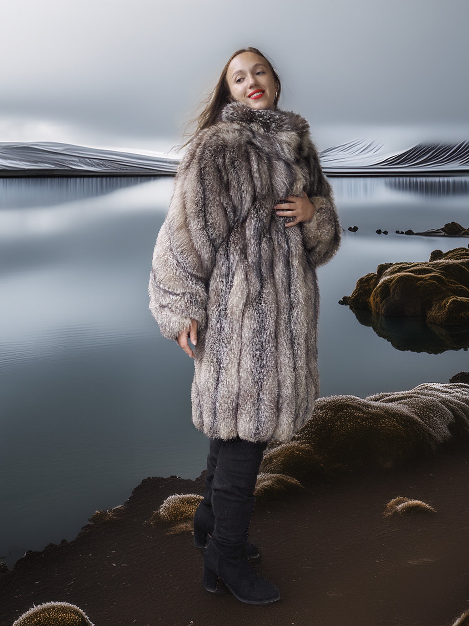 Person wearing a fur coat standing by a reflective body of water.