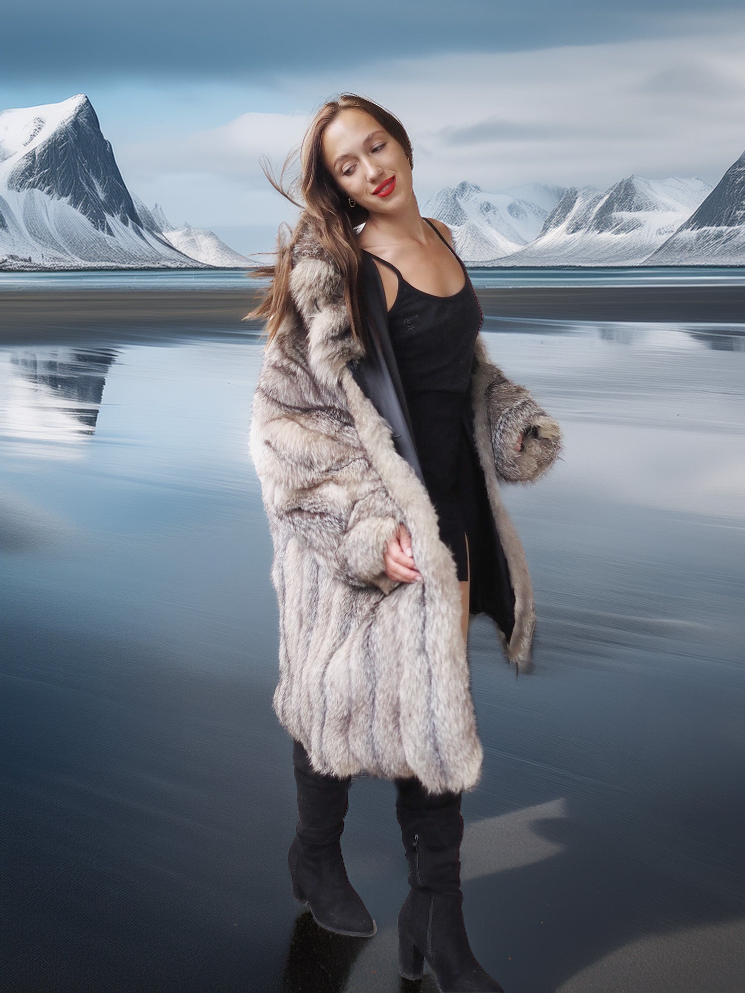 Woman in a fur coat standing in front of a mountainous landscape with a lake.