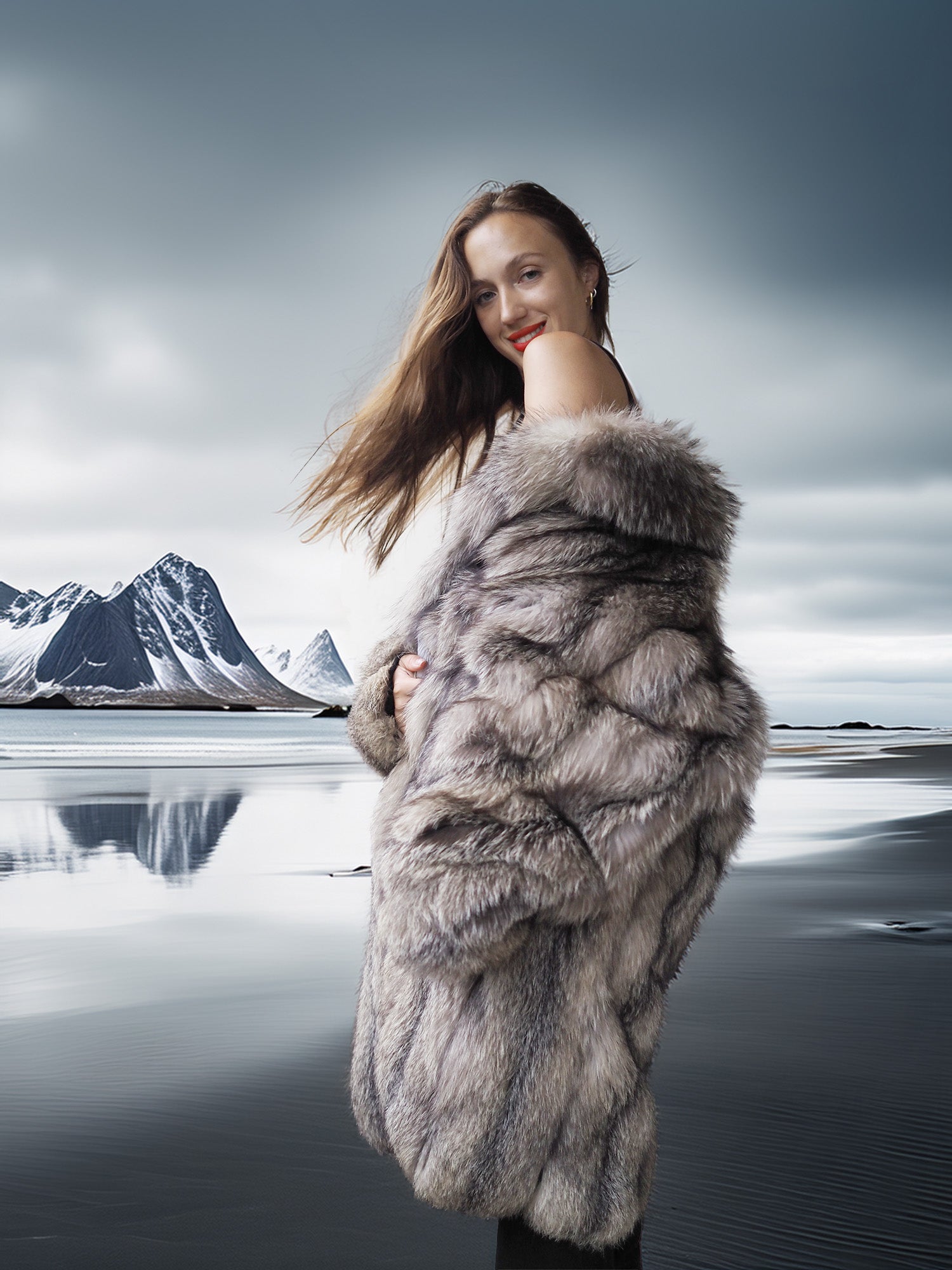 Woman wearing a fur coat with a mountainous landscape in the background