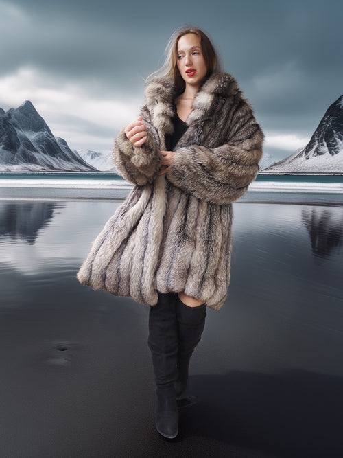 Woman in a fur coat standing on a reflective lake with mountains in the background