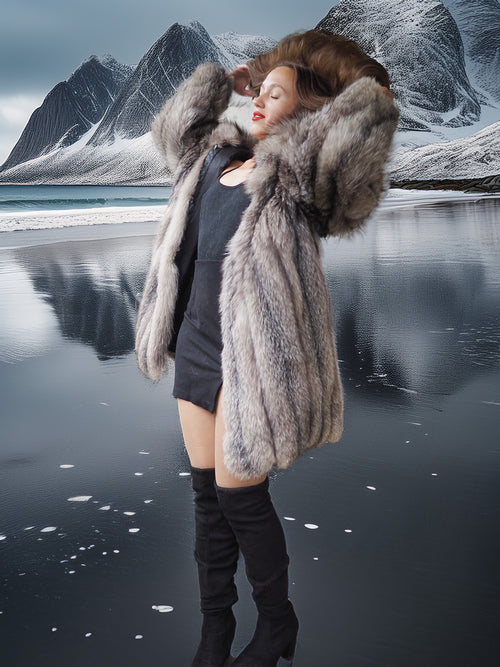 Person wearing a fur coat standing by a lake with mountains in the background