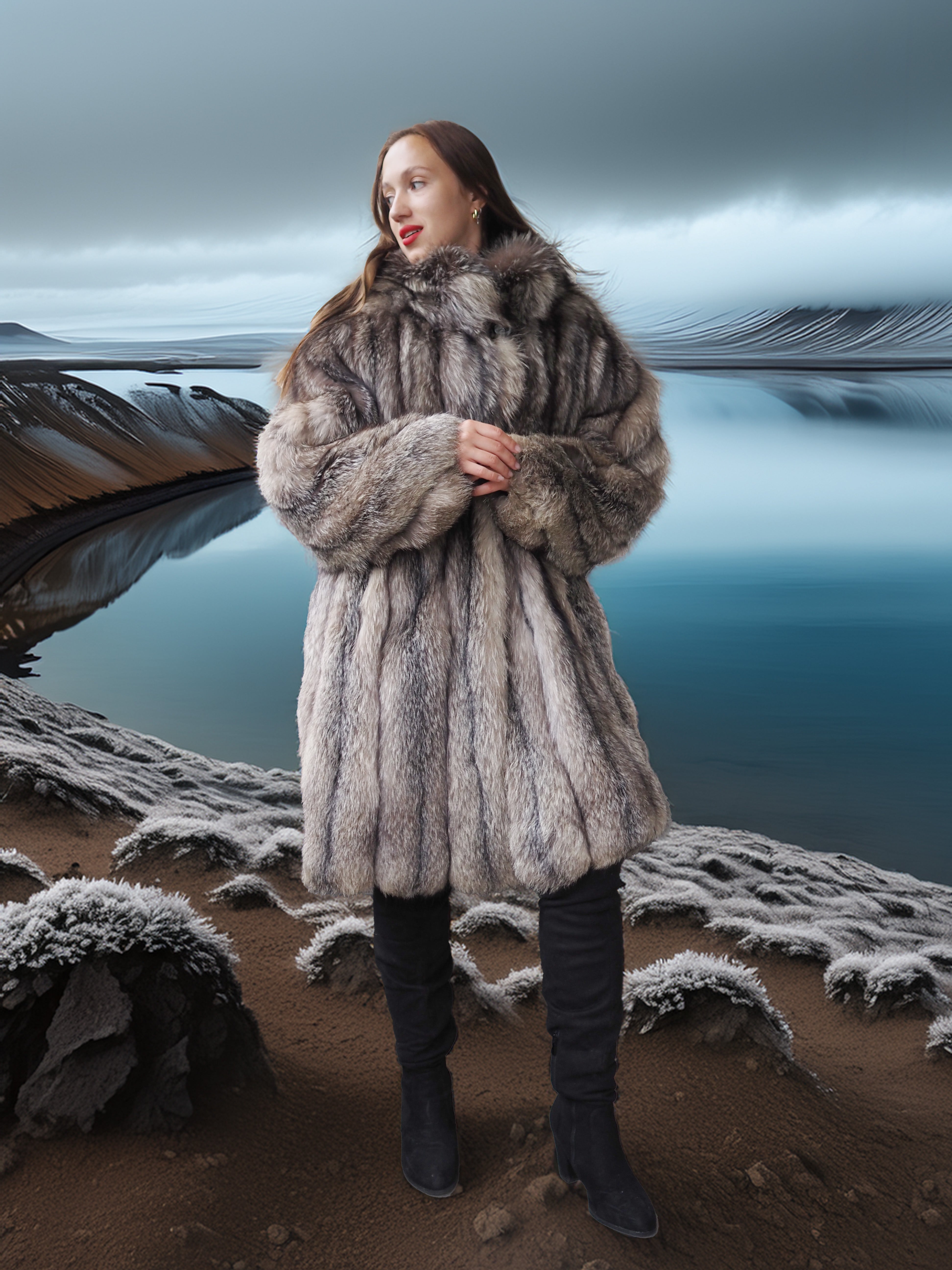 Person wearing a fur coat standing in a snowy landscape with a lake and mountains in the background.