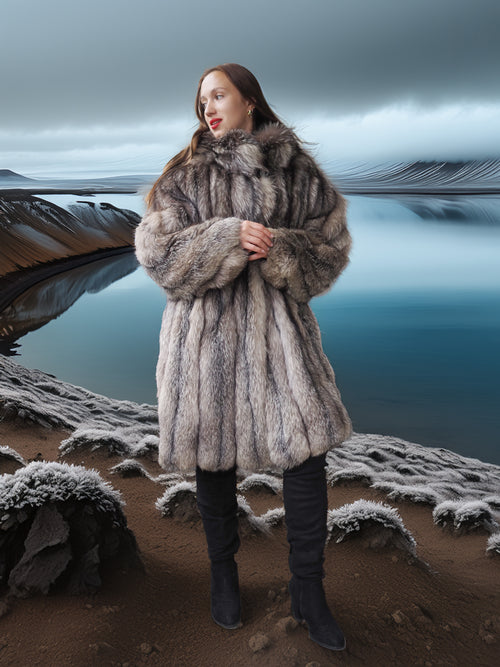 Person wearing a fur coat standing in a snowy landscape with a lake and mountains in the background.