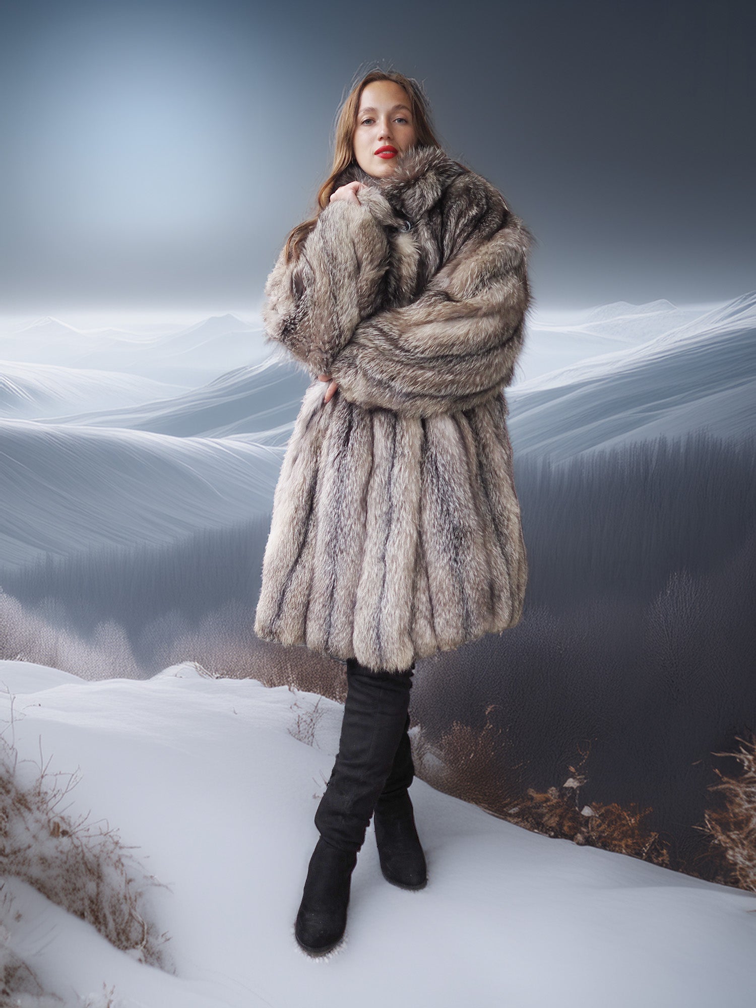 Person wearing a fur coat standing in a snowy landscape
