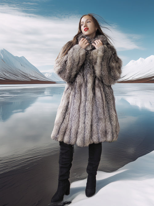 Person wearing a fur coat standing in a snowy landscape with mountains and water.