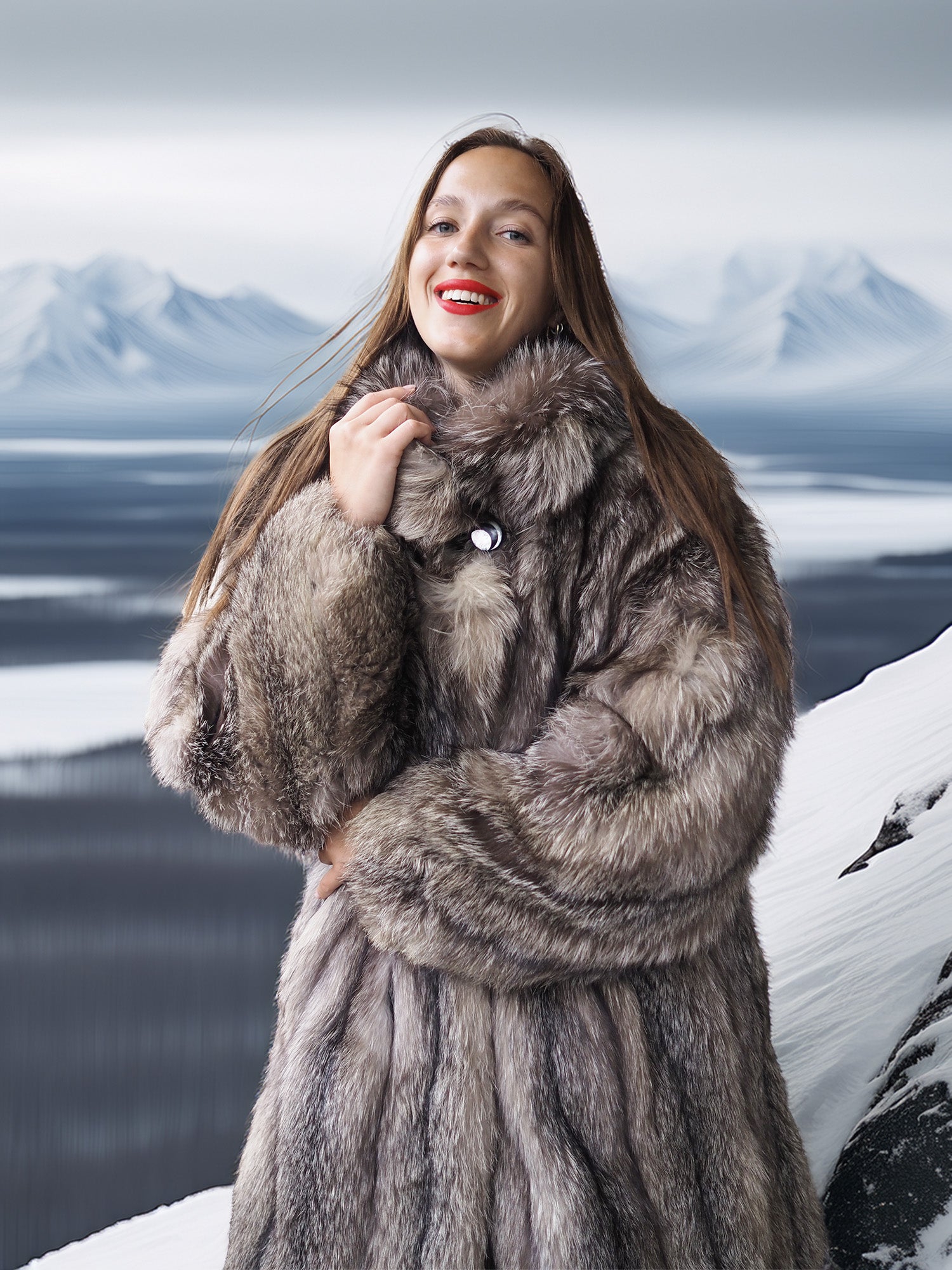 Woman wearing a fur coat with a snowy mountain landscape in the background