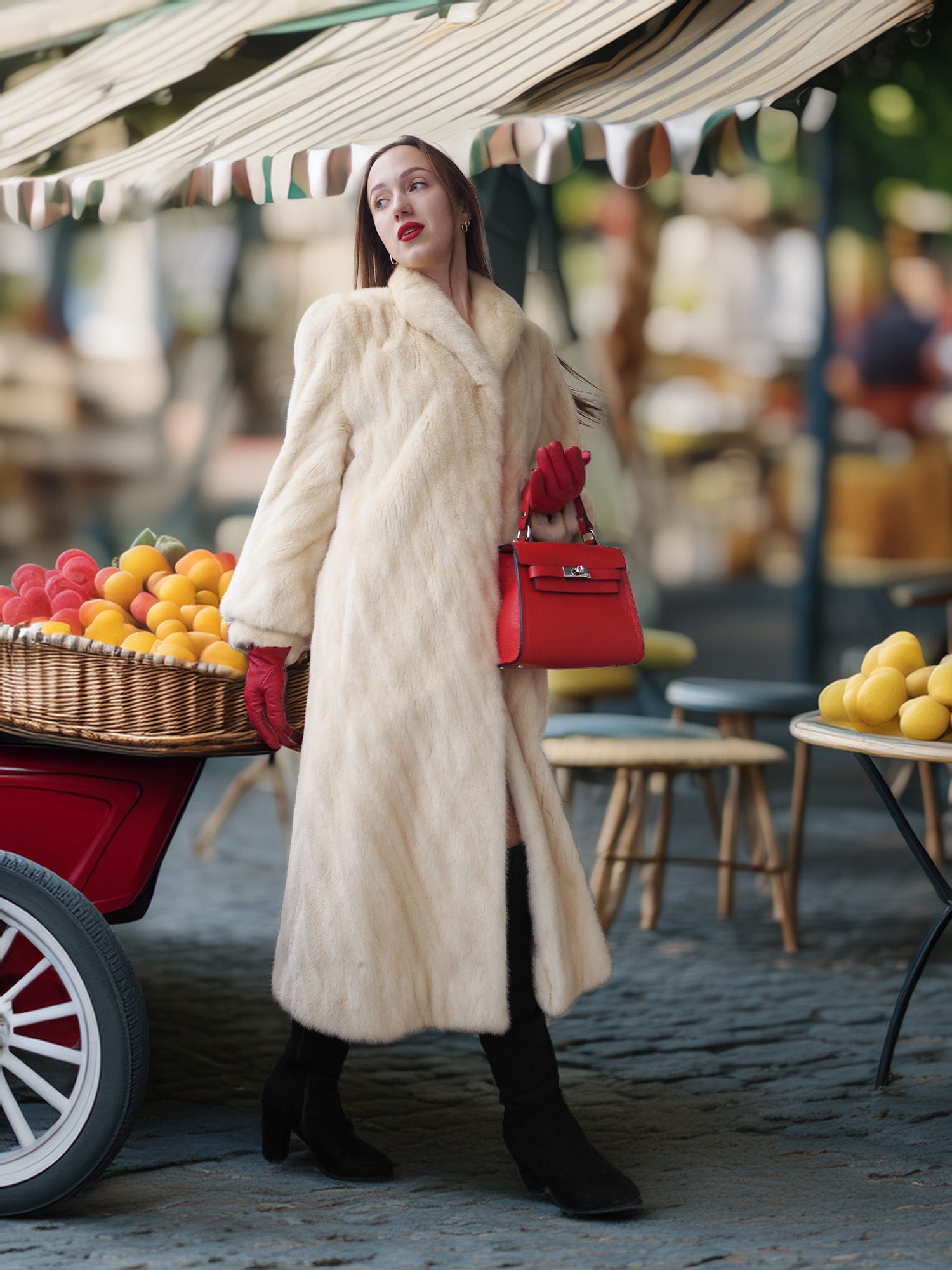 Woman in a long white fur coat and red handbag standing in an outdoor market setting.