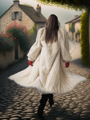 Person in a long white coat walking down a cobblestone street in a quaint village.