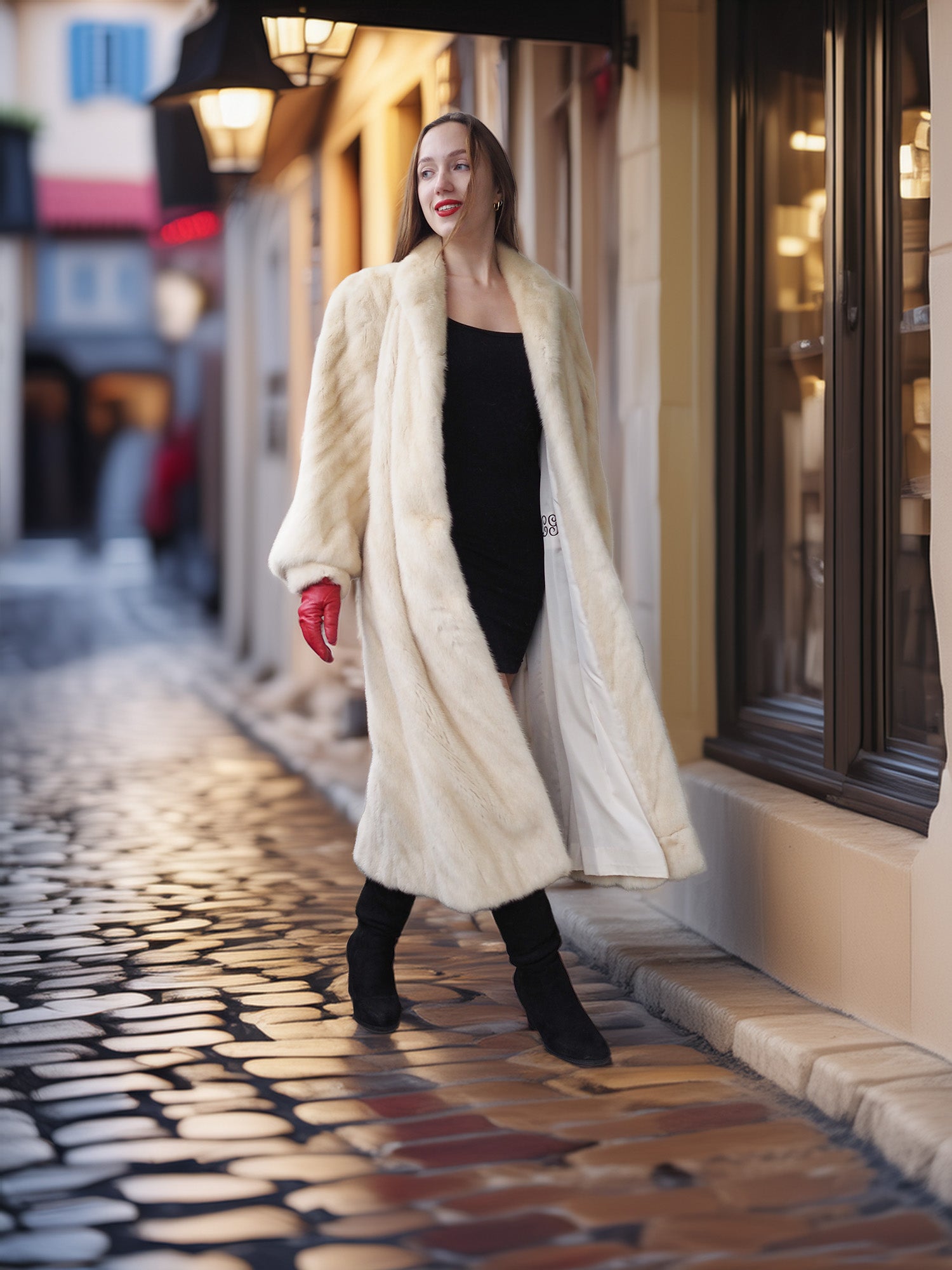 Woman in a long cream fur coat walking on a cobblestone street.