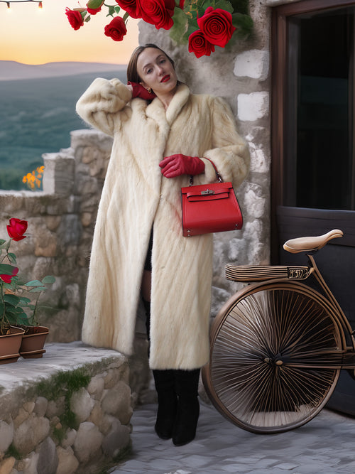 Woman in a fur coat holding a red handbag with a scenic background