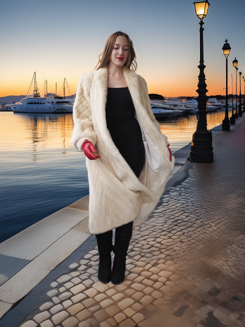 Woman in a long cream fur coat standing by a waterfront at sunset.