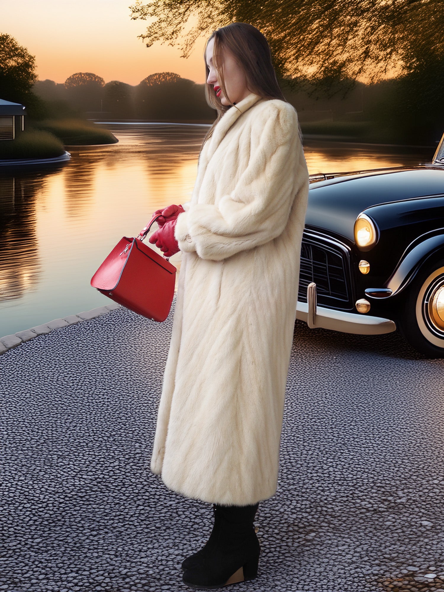 Woman in a long white coat holding a red bag near a vintage car by a lake at sunset.